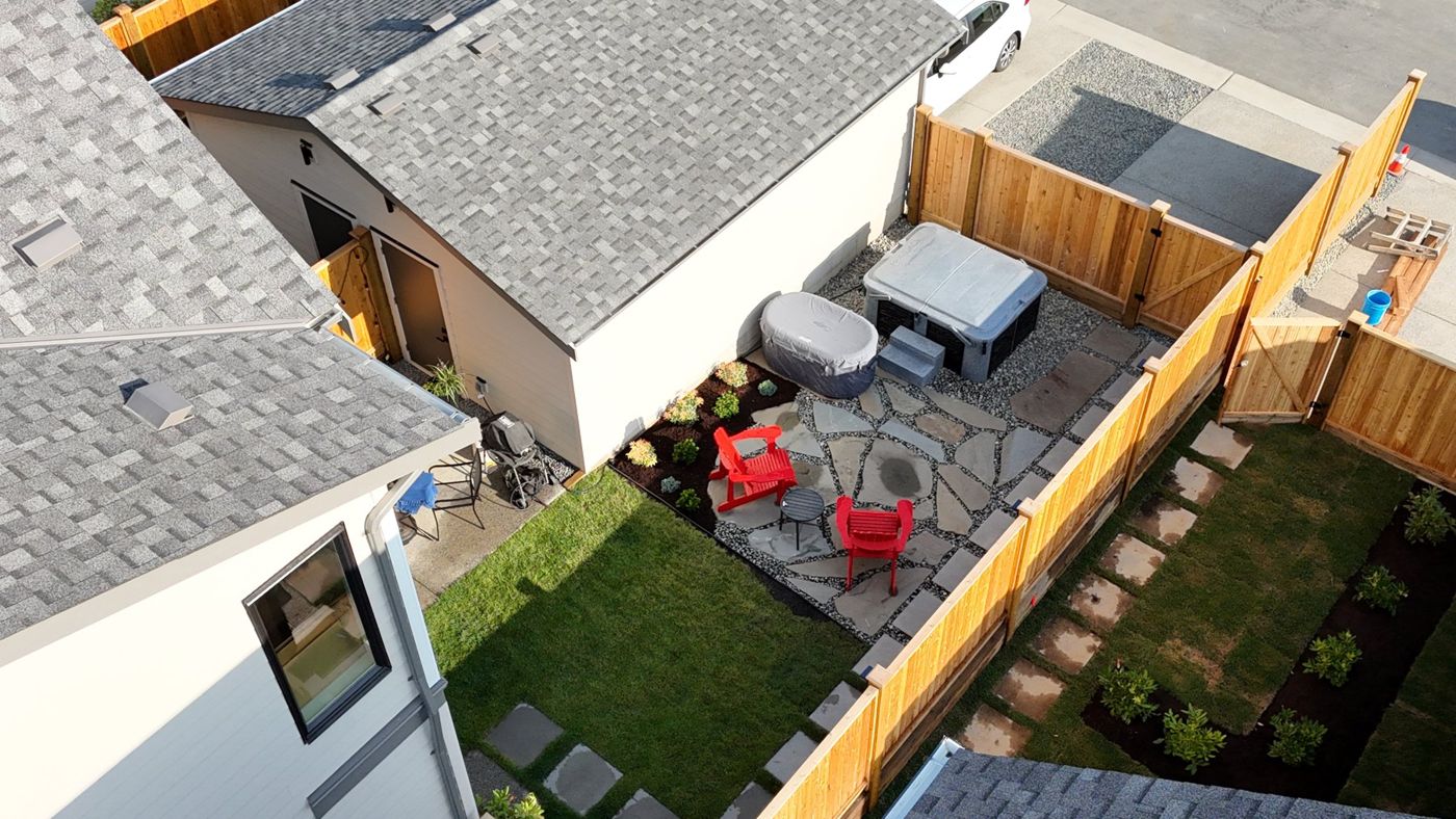 Completed garden and patio - aerial view - O’Callaghan Landscaping Ltd.