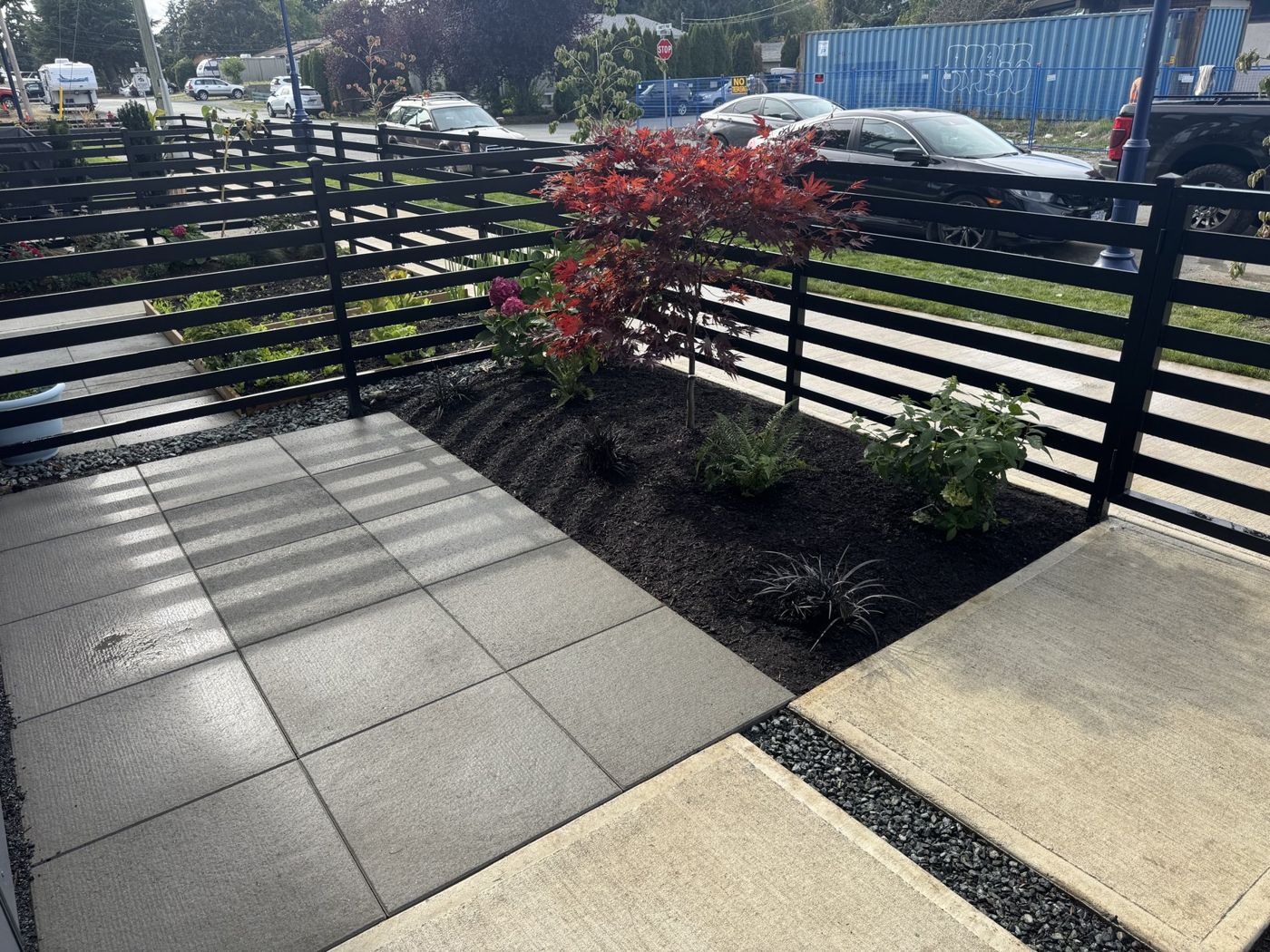 Paved patio and planted borders - O’Callaghan Landscaping Ltd.